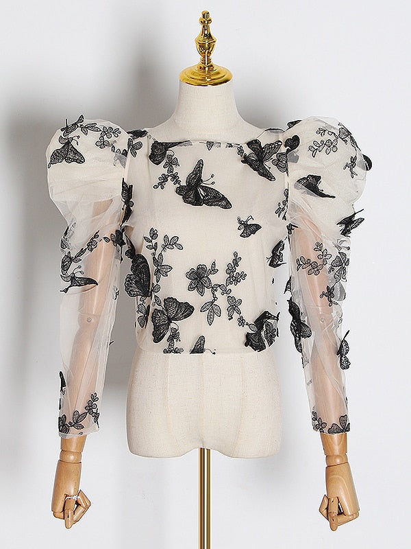 Embroidered Butterfly Mesh Puff Sleeve Blouse