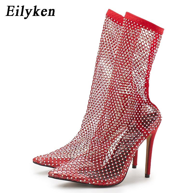 Transparent Crystal Rhinestone Mesh Stretch Fabric Pointed Toe Ladies Ankle Boots