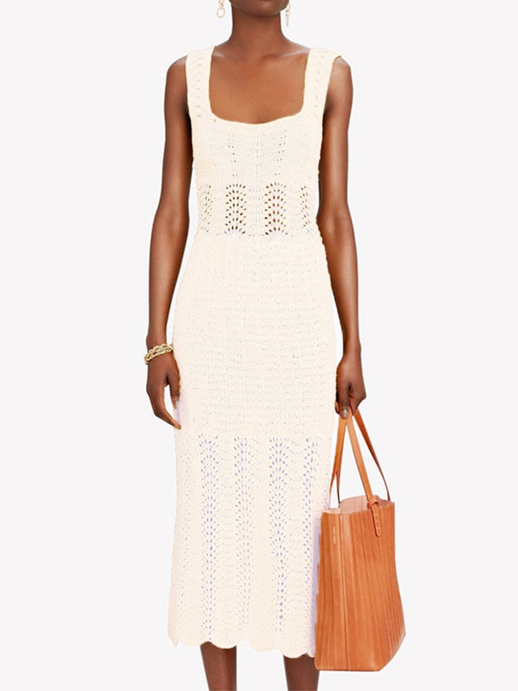 Sleeveless Solid Square Neck Crochet Tunic Maxi Dress