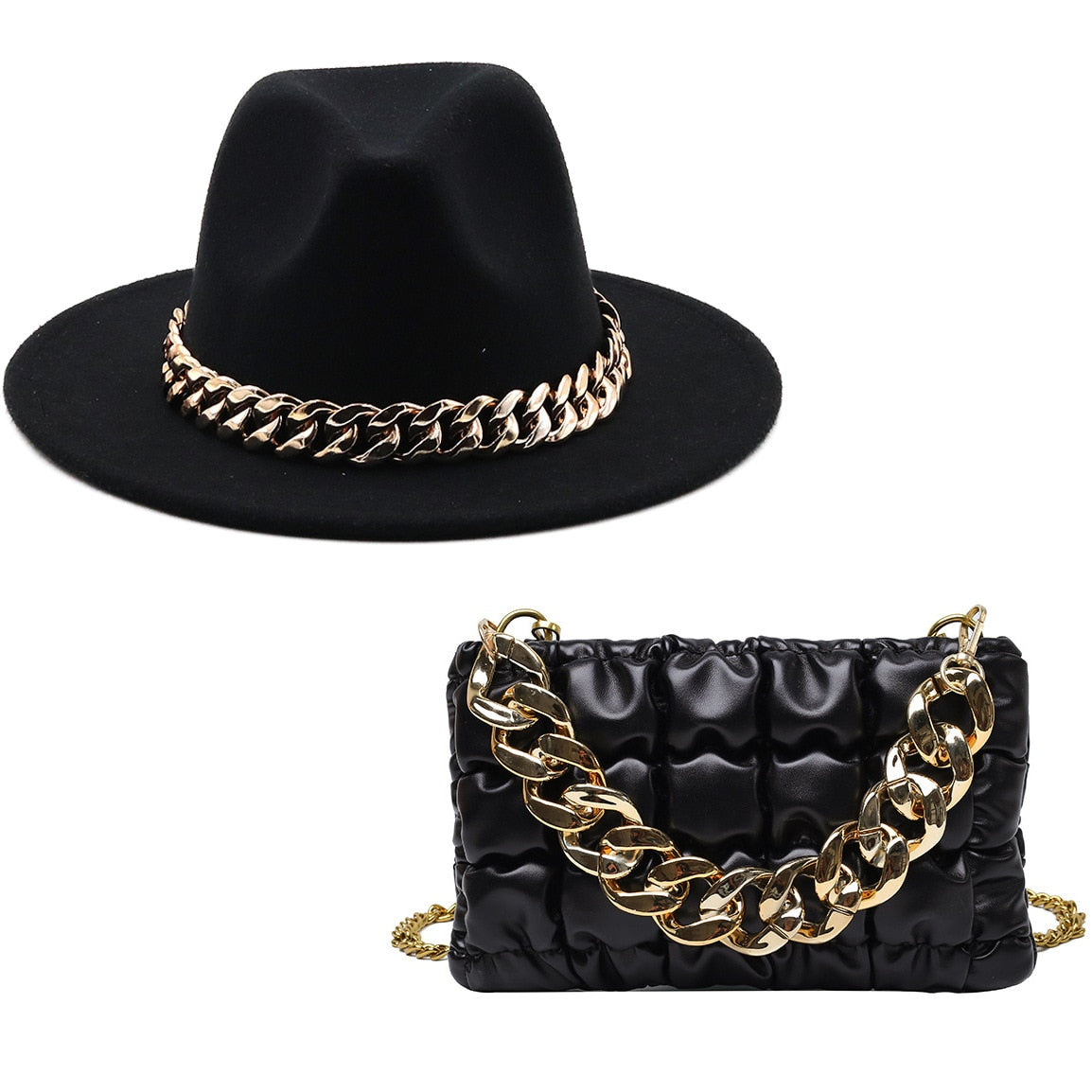 Fedora Gold Chain Hat & Purse Set