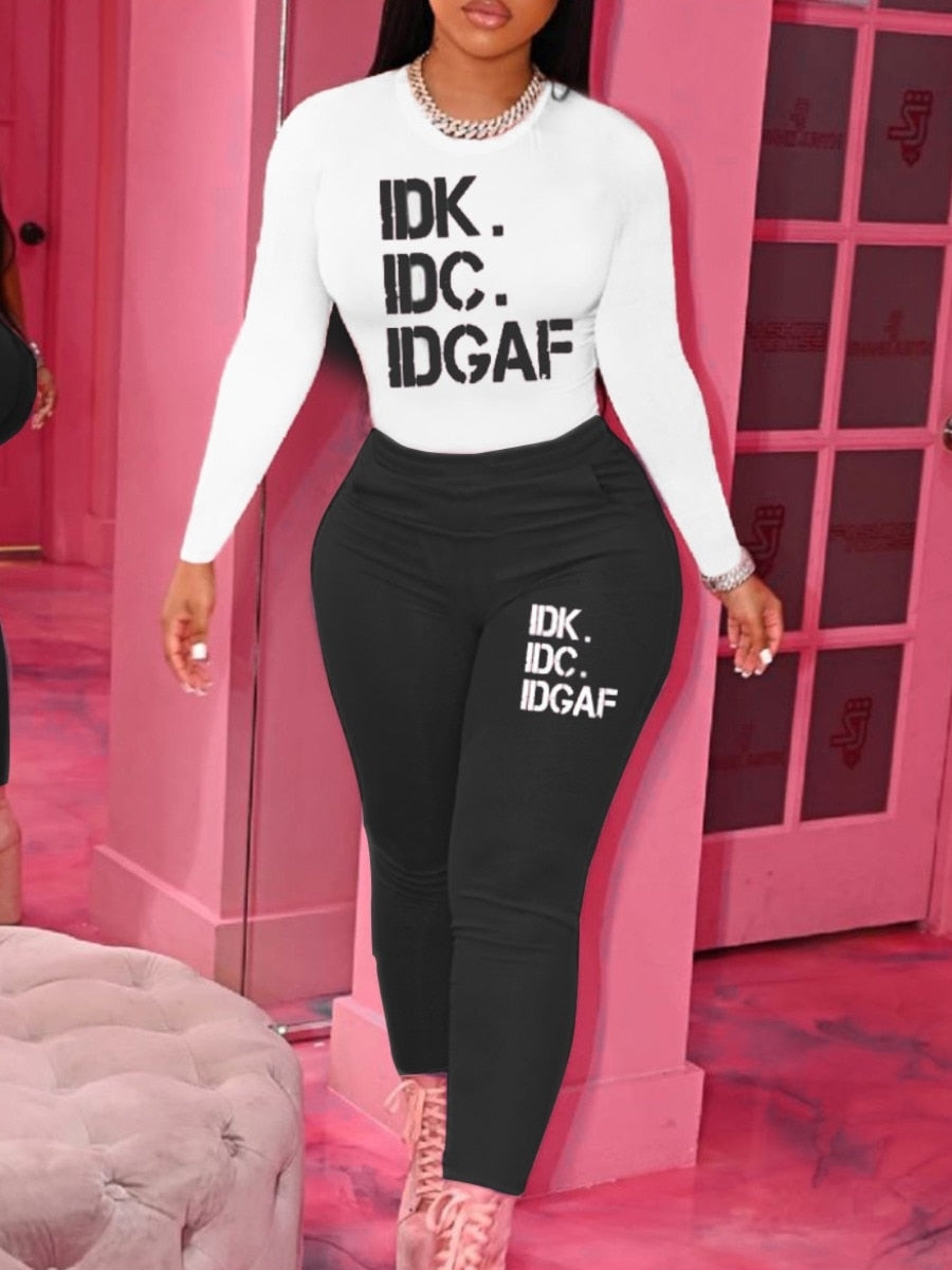 Tune Squad /Heart / IDK IDC IDGAF Printed Long Sleeve Women's O-Neck T-Shirt + Pants 2-Piece Set to 5X Plus Size