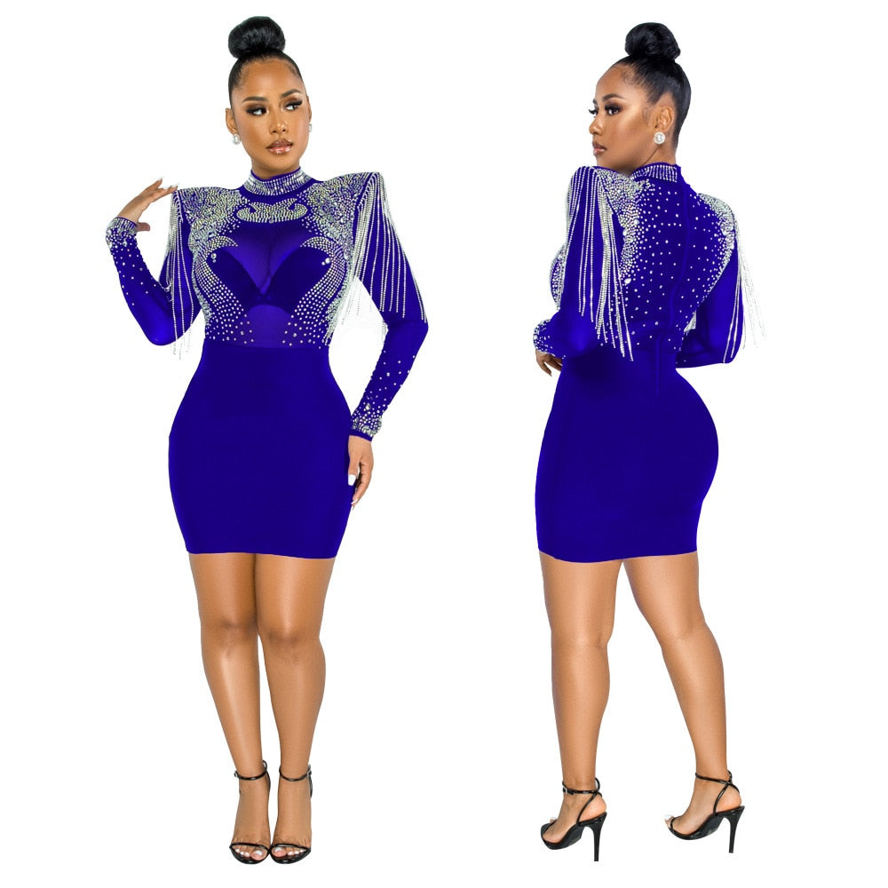 High Collar Hot Drill Mesh Shoulder Long Sleeve Jumpsuits OR Dresses Plus to 2X