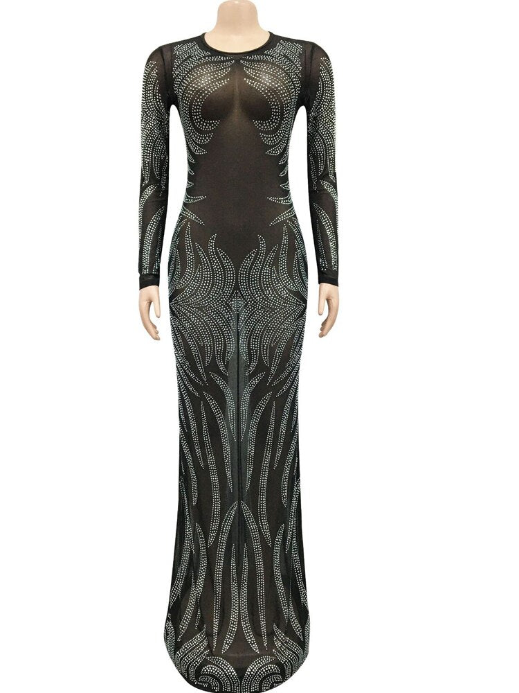 Sheer Mesh Transparent Crystal Rhinestone Sequin Long Sleeve Floor-Length Evening Gown Party Dress