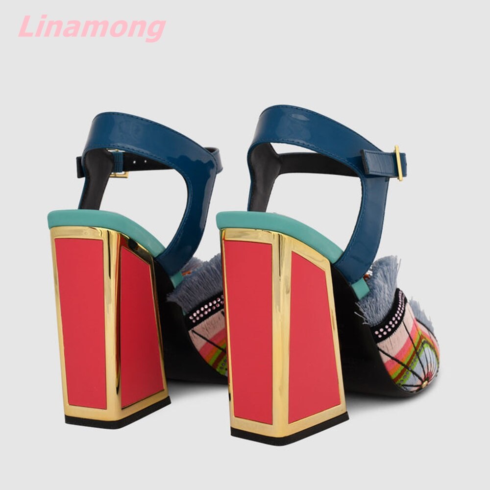 Multi-Color Patchwork Genuine Leather Silk Spike Heels Open Toe Buckle Strap Sandals