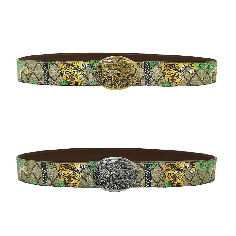 Unisex Gold/Silver Tiger/Dragon/Eagle/Butterfly Pattern Alloy Smooth Buckle Diamond Leopard Head Leather Belts