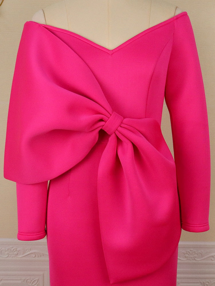 Hot Pink Oversized Bow Detail Bare Shoulder Long Sleeve Bodycon Dress to 3X