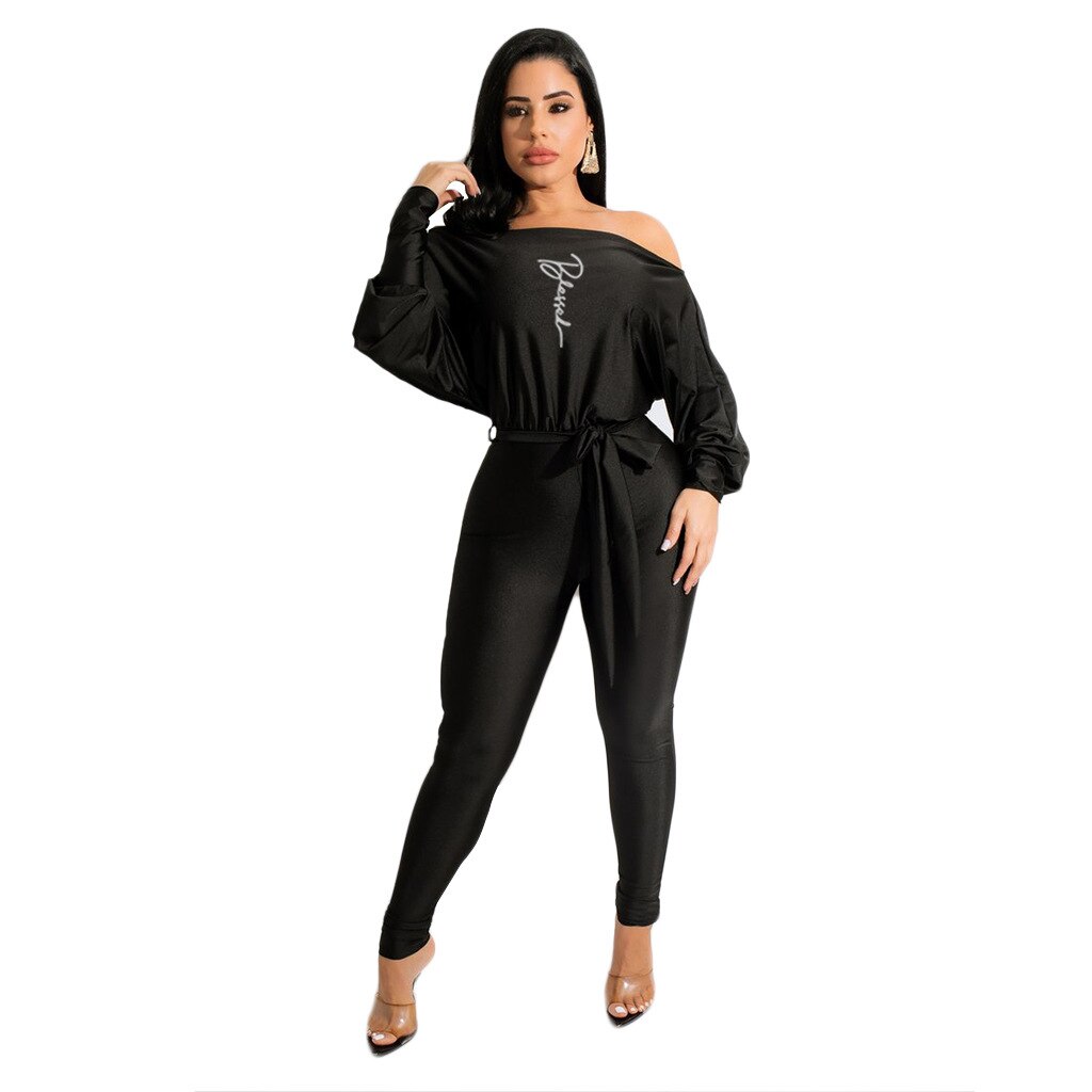 Shoulderless Long Sleeve Letter Print Belt Jumpsuit w/ Belt