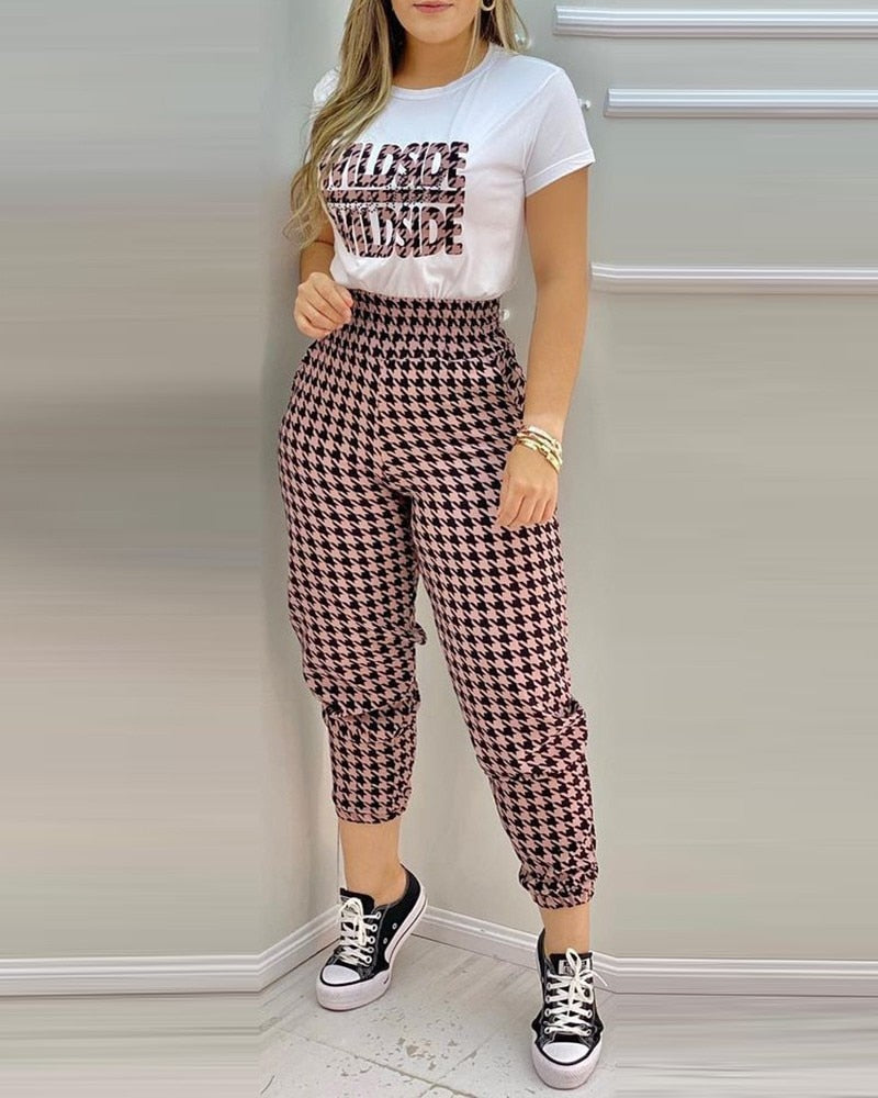 Graphic O-Neck Printed Ladies Top & Pocket Design Pants 2-Piece Set