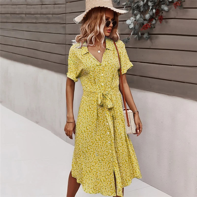 Floral Printed Turn-Down Collar Short Sleeve Bohemian Dress Midi w/ Sash Belt