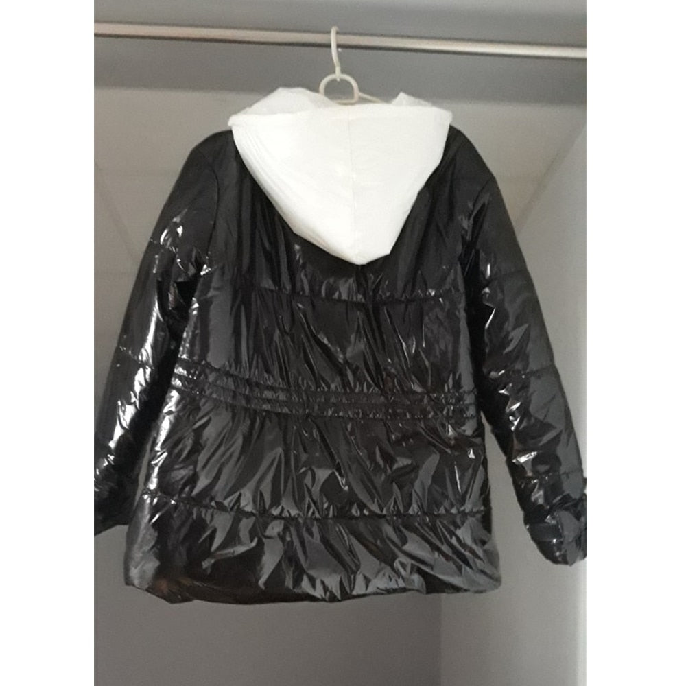 Glossy Metallic Hooded Women's Long Sleeve Zipper Bomber Jacket