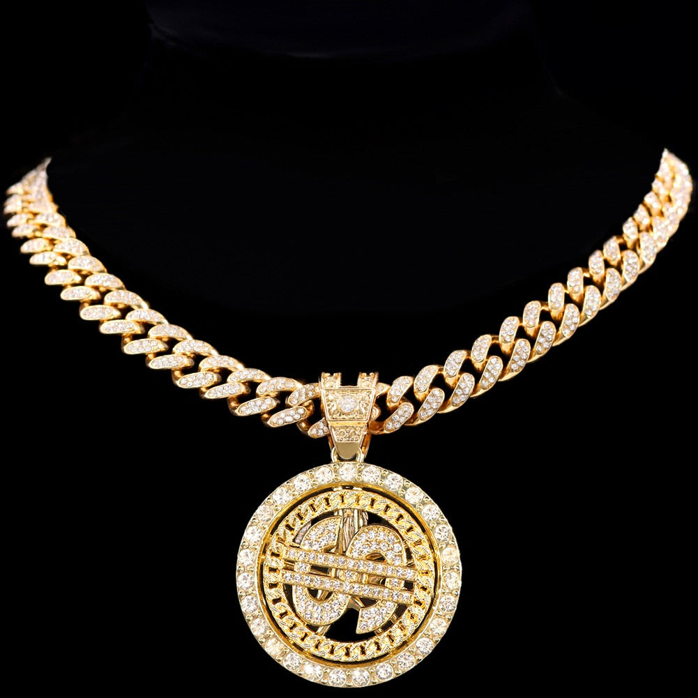 Dollar Sign Pendant Necklace 13mm Cuban Link Chain Necklace