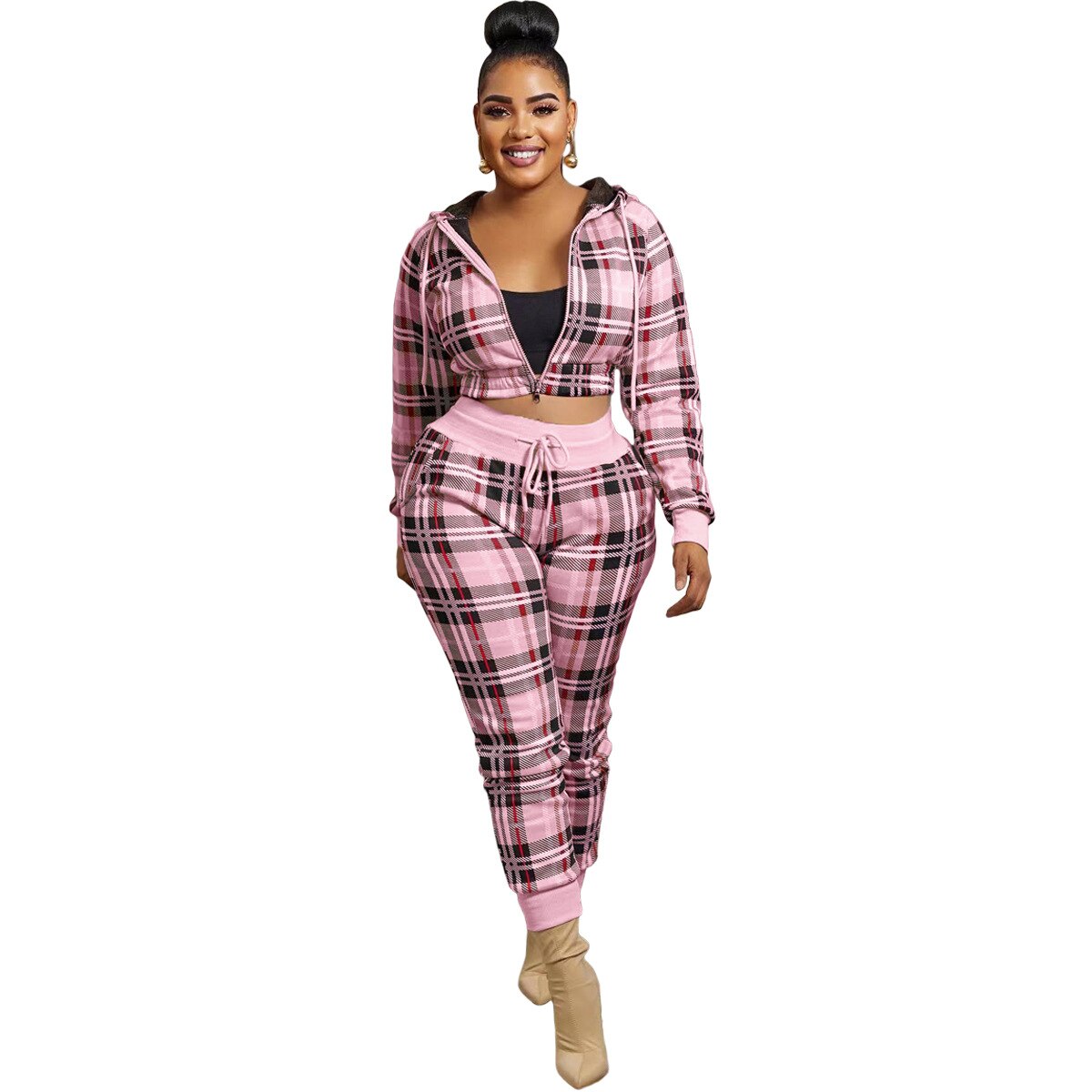 Plaid Ladies Long Sleeve Cropped Zipper Jacket + Matching Sweatpants Tracksuit to 3X Plus Size