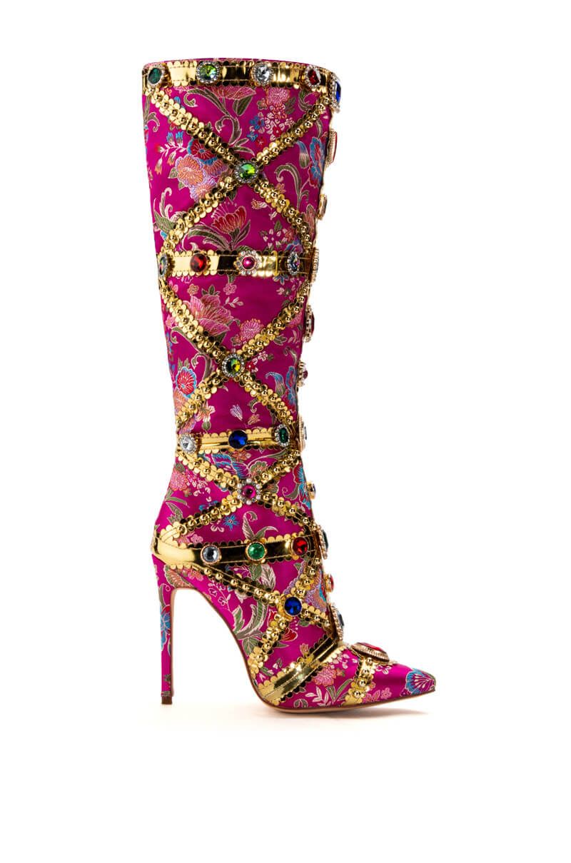 Crystal Buckle Mental Heels Side Zipper Colorful Over the Knee Boots