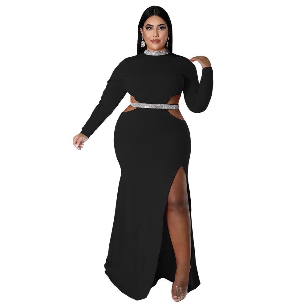 Holllow Out Long Sleeve Side Slit Plus Size Dress to 4X