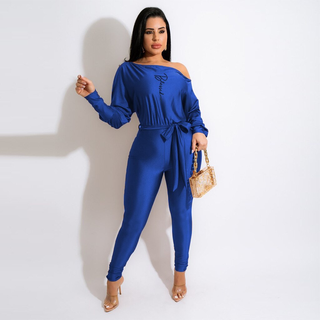 Shoulderless Long Sleeve Letter Print Belt Jumpsuit w/ Belt