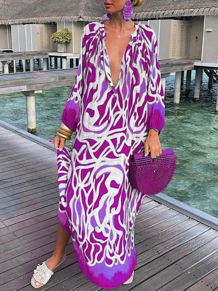 Bohemian Deep V-Neck Vintage Print Long Sleeve Maxi Dress