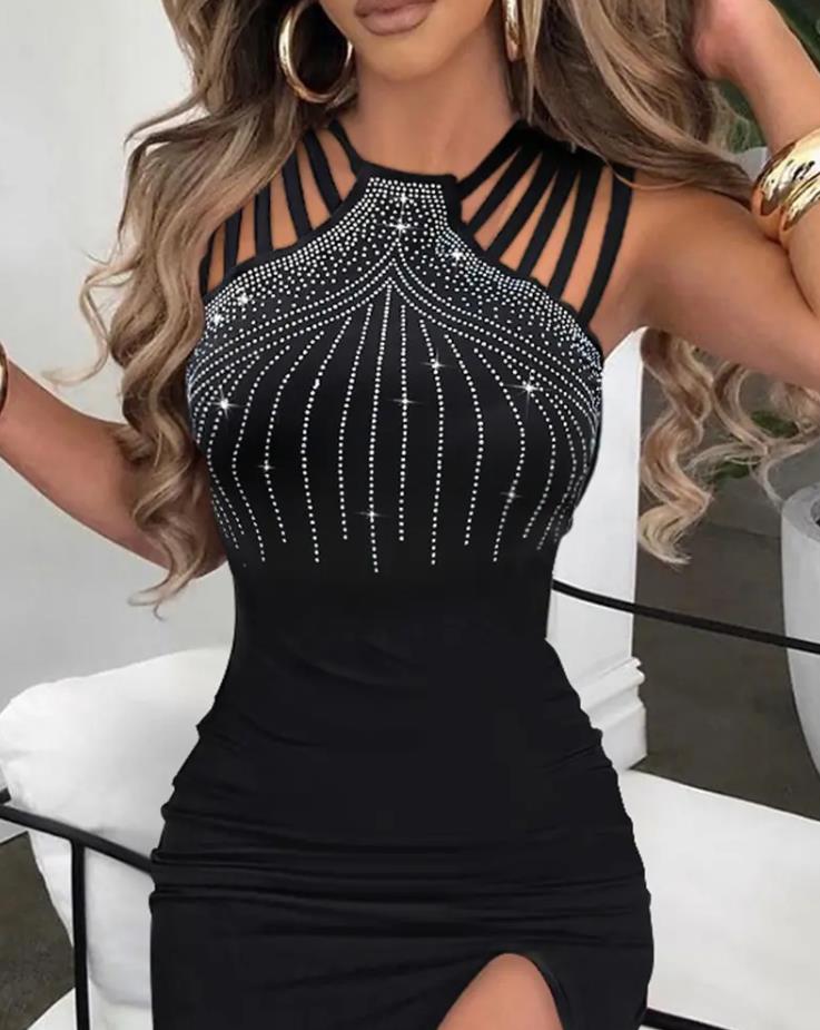 Rhinestone Multi-Strap High Slit O-Neck Sleeveless Maxi Dress