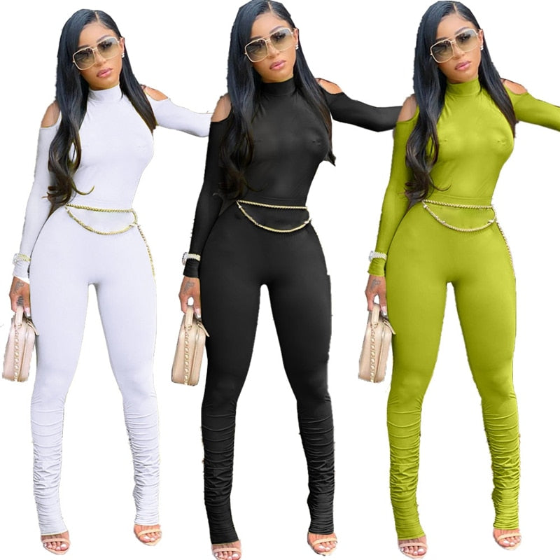 Open Shoulder Bandage Bodycon Long Sleeve Stacked Pant Jumpsuit