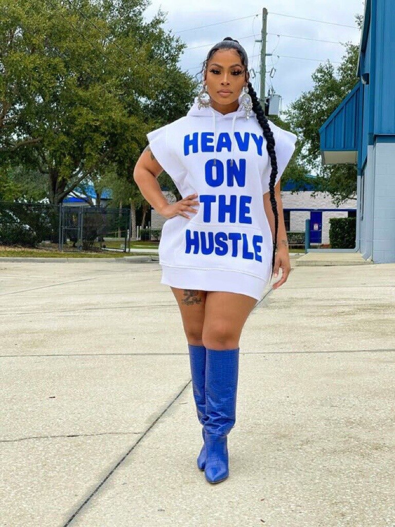 "Heavy On The Hustle" Drawstring Flared Short Sleeve Sweatshirt Hoodie Dress