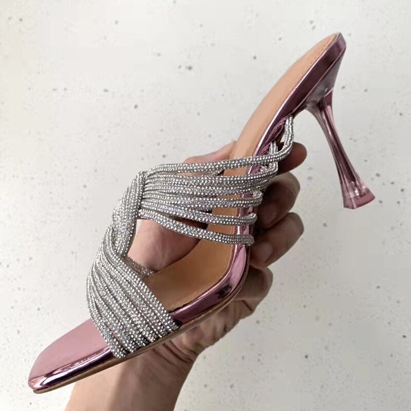 Rhinestone High Heel Peep Toe Crystal Cross Strap Mule Sandals