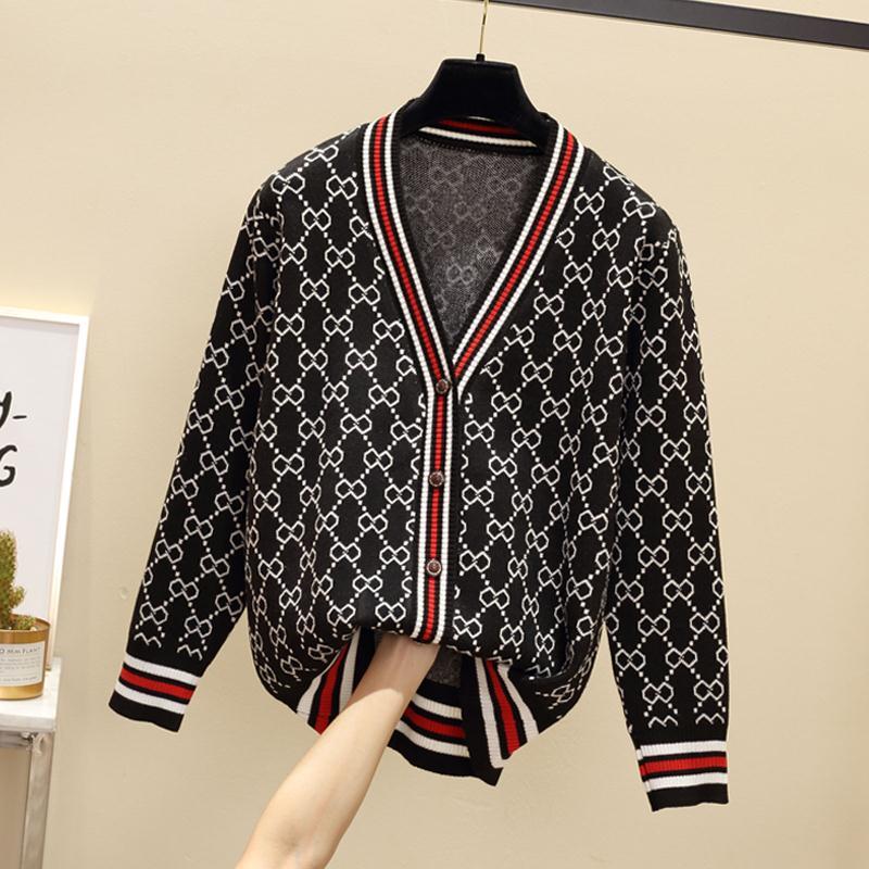 Jacquard Monogram Print Long Sleeve Jacket Button Ladies Sweater