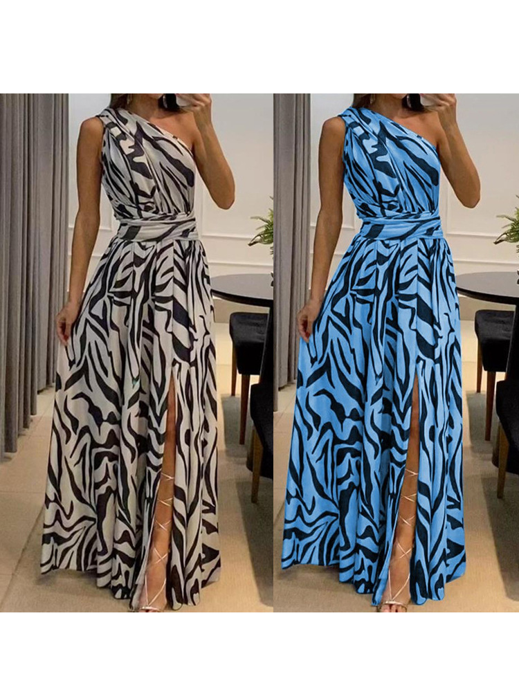 One Shoulder Geometric High Slit Asymmetrical Sleeveless Printed Maxi Dress