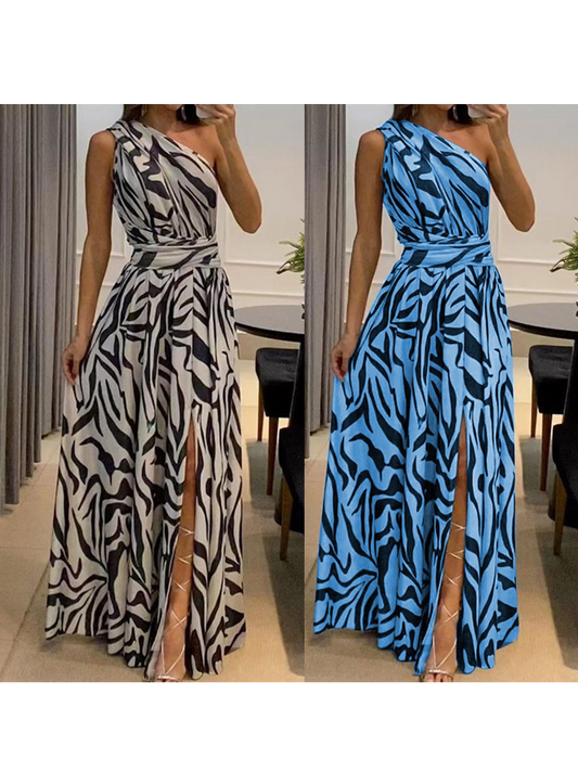 One Shoulder Geometric High Slit Asymmetrical Sleeveless Printed Maxi Dress