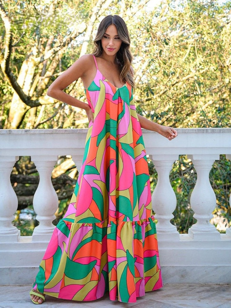 3D Floral Sleeveless Printed V-Neck Maxi Dress