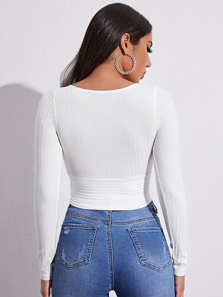 Cropped Long Sleeve V-Collar Bare Midriff Stretch Top