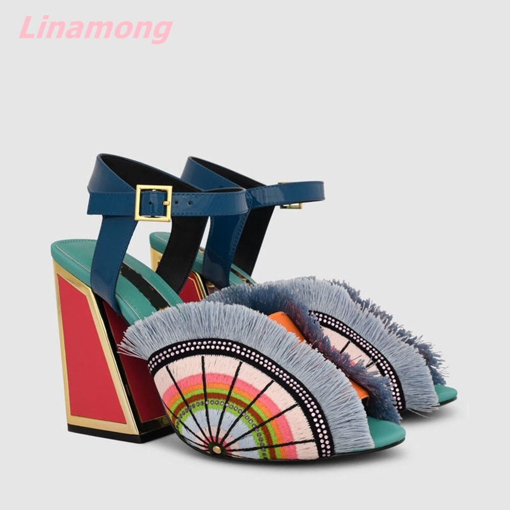 Multi-Color Patchwork Genuine Leather Silk Spike Heels Open Toe Buckle Strap Sandals