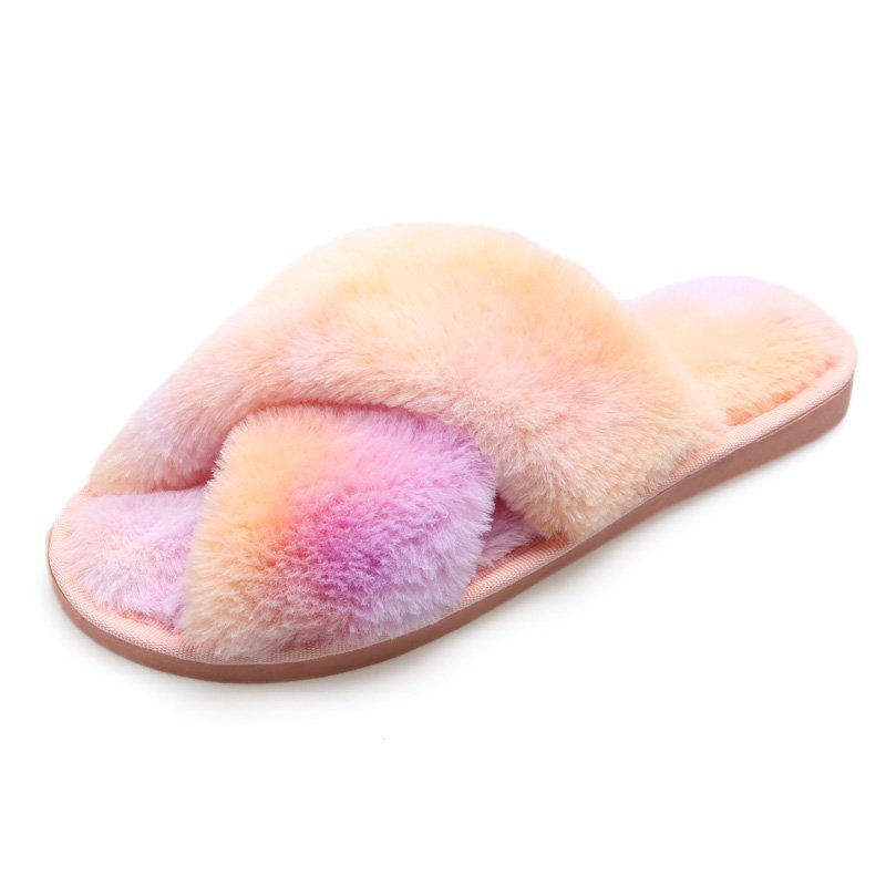 Mixed-Color Ladies Fur Slippers Rainbow Color Home Slippers