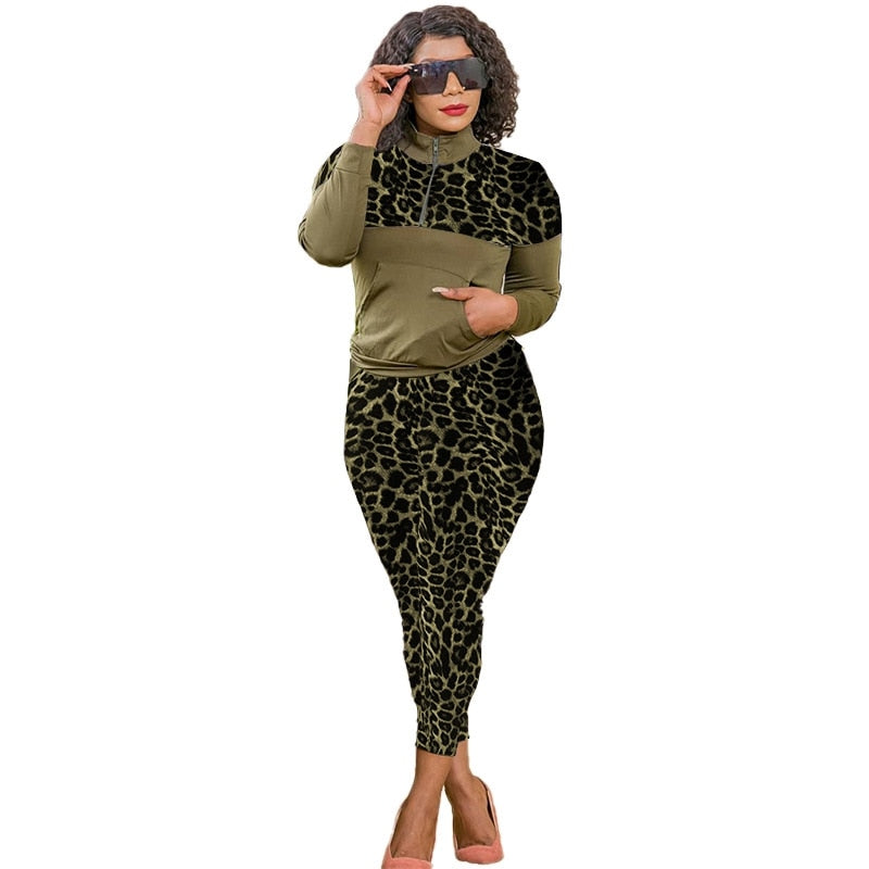 Colorblock/Leopard Print Women's Long Sleeve Zipper Jacket + Leopard Sweatpants Tracksuit to 3X