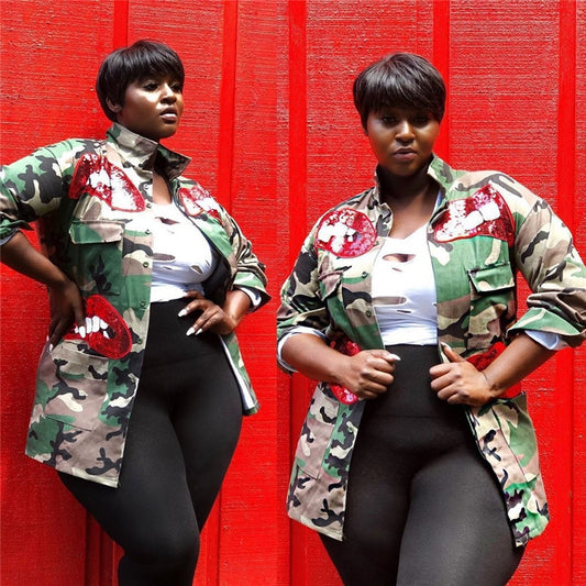 Sequin Hot Red Lip Print Camouflage Women's Button-Up Pocket Jean Jacket to 3X Plus Size