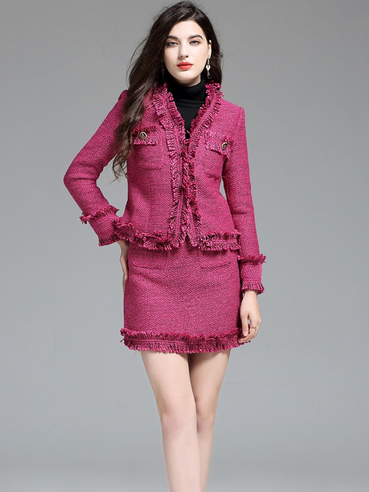 Fuschia Women's Long Sleeve Tassel Tweed Wool Blazer Jacket & Mini Skirt 2-Piece Office Suit