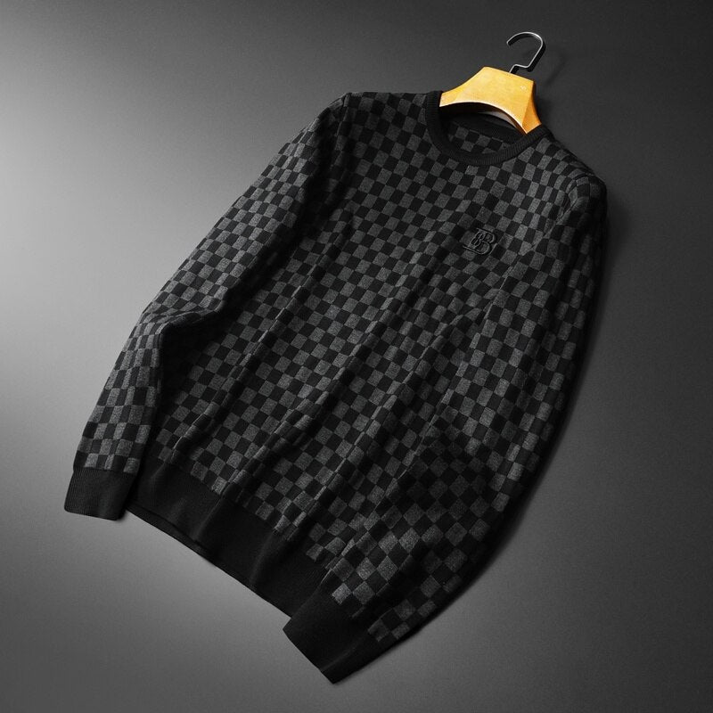 Men's Long Sleeve Lattice Contrast Color Pullover Sweater