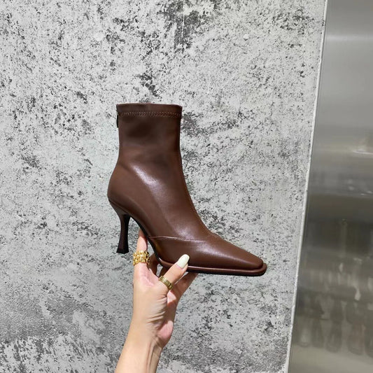 Square Toe Thin Heel Zipper Stretch Ankle Boots