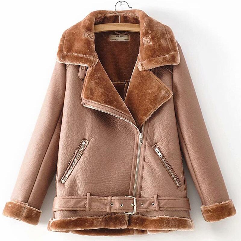 Cross Zipper Turn-Down Velvet Faux Fur Collar Biker Motorcycle Bomber Jacket w/ Belt