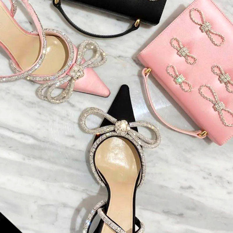 Bowknot Satin Glitter Rhinestone High Heel Pumps