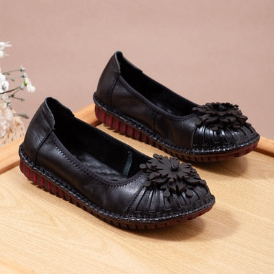 Flower Design Round Toe Solid Color Genuine Leather Flats