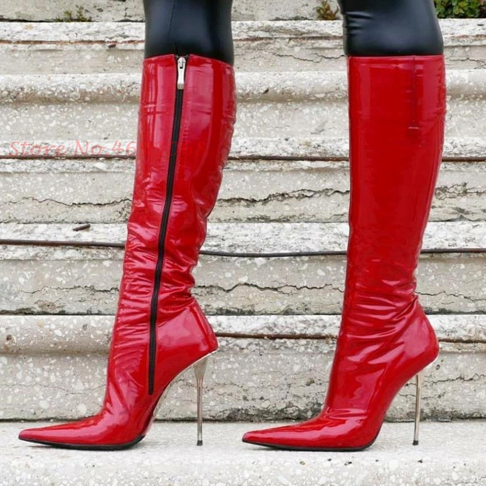 Red Patent Pointed Toe Knee High Women's Stretch Stiletto Heel Boots