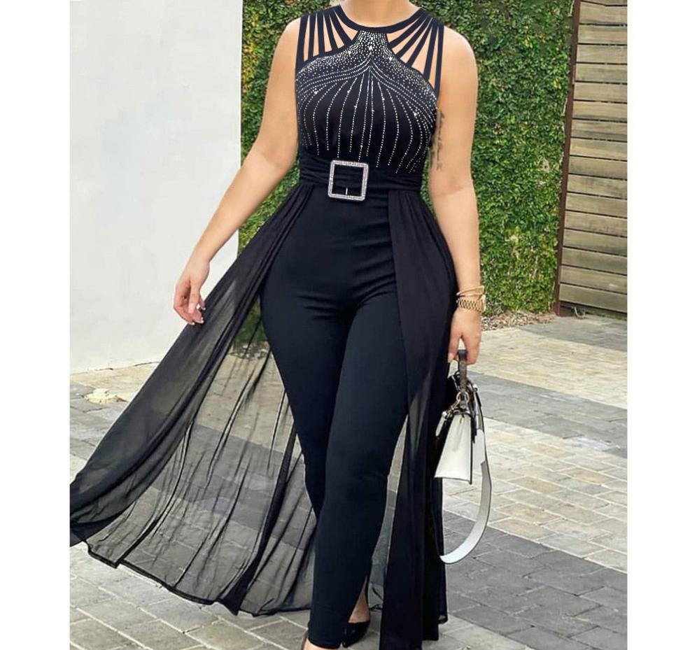 Round Neck Rhinestone Sheer Mesh Sleeveless Jumpsuit w/ Belt