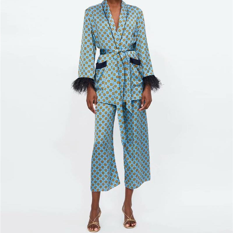 Monogram Print Kimono Jacket w/ Feather Sleeves + Wide Leg Pants Ladies 2-Piece Suit