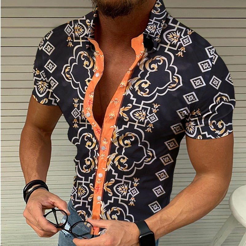 Ethnic Men's Print Stand Collar Short Sleeve Loose Hawaiian Shirt