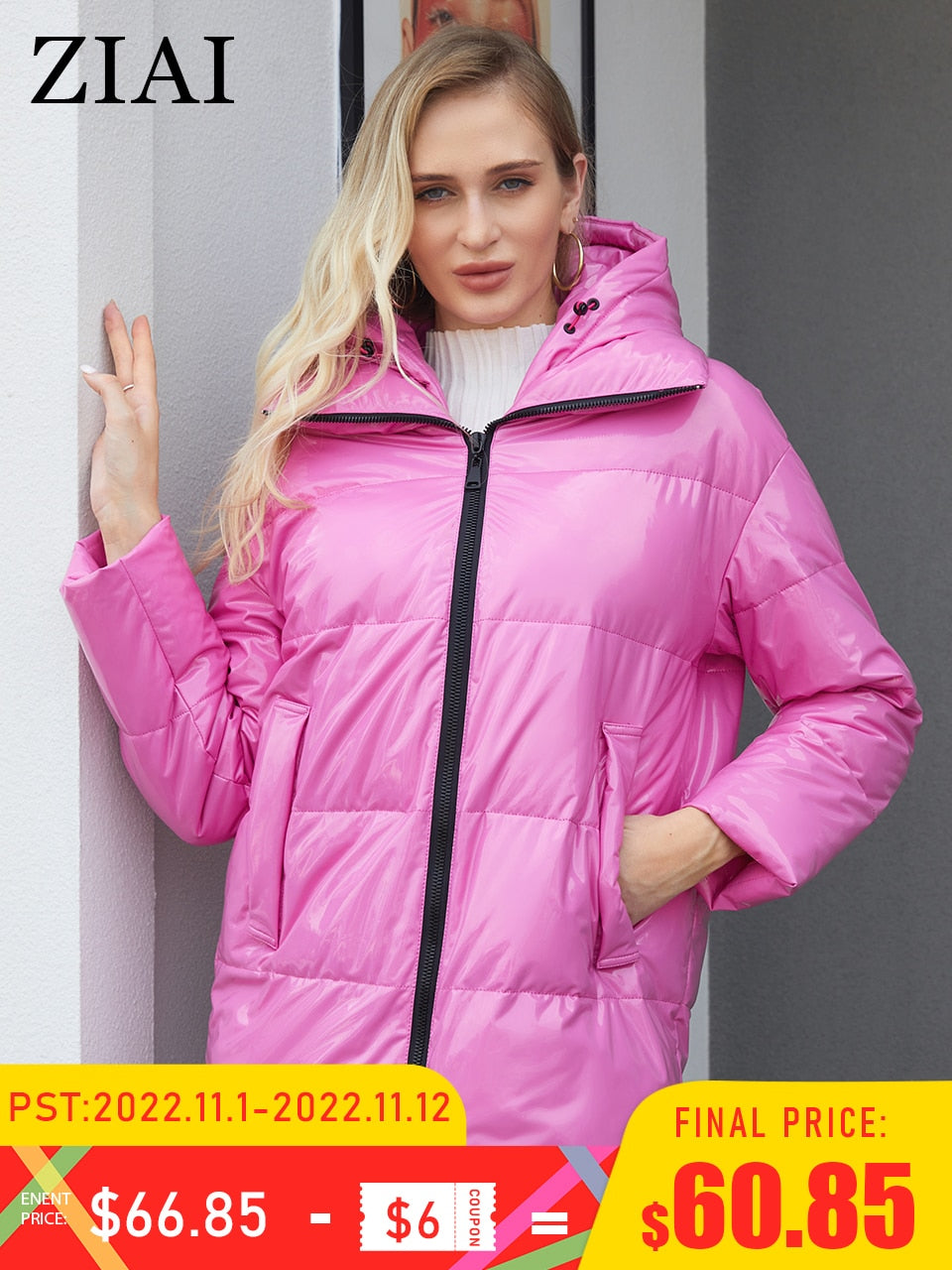 Pink Hooded Quilted Women's Coat