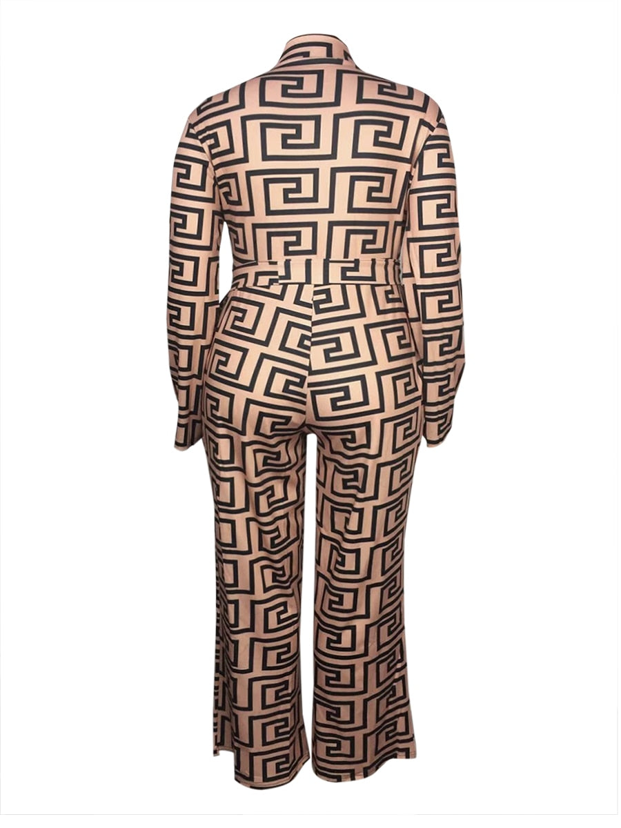 Geometric Print Wide Leg Deep V-Neck Loose Bandage Long Sleeved Jumpsuits Plus to 5X