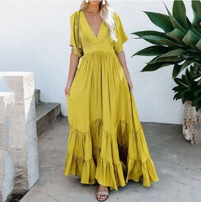 Tiered Vintage Pleated Solid Deep V-Neck Short Sleeve Maxi Dress