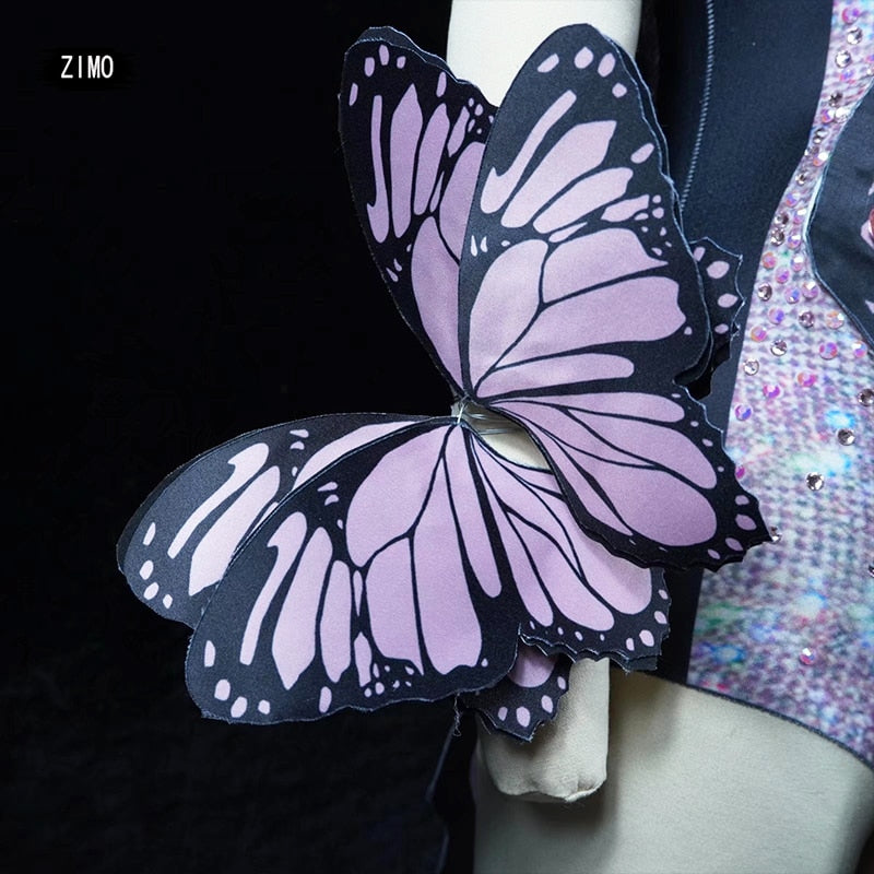 Pink/Black Oversized Festival Fairy Butterfly Wings Rave Rhinestone Bodysuit Cosplay Halloween Stage Costume