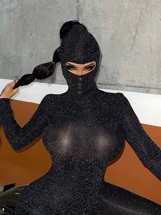 Glitter Sparkling Metallic Mask Black Transparent Long Sleeve Backless Bodycon Jumpsuit