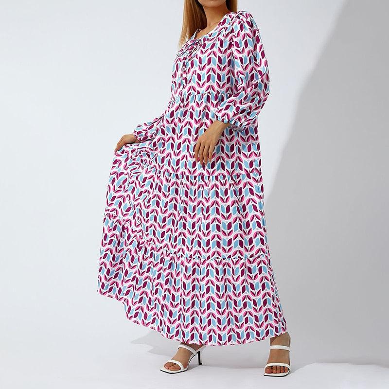 Geometric Dot Floral Puff Sleeve Maxi Drawstring Loose Dress