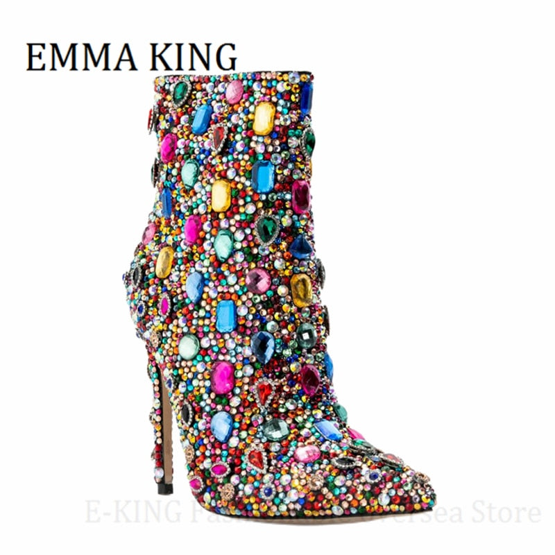 Multicolor Crystal Rhinestone Stiletto Heel Cocktail Ladies Ankle Boots